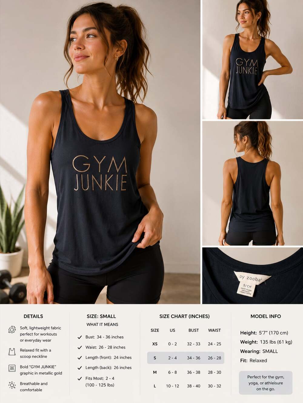 Women’s Gym Junkie Workout Tank Top Black Gold Graphic Yoga Fitness Size Small